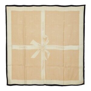 Chanel Logo Ribbon Scarf Muffler Beige Silk Women's CHANEL
